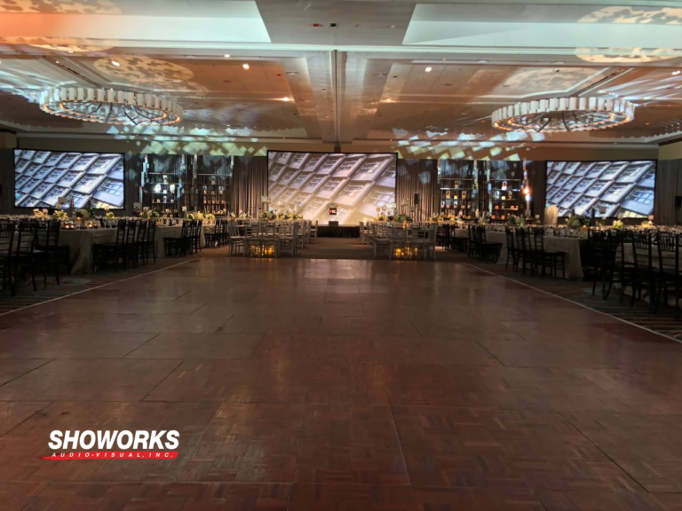 Elegant event setup with custom lighting and AV displays by Showorks AV, meeting high-end AV demands.