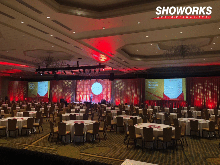 Negotiating AV Contracts: What Every Meeting Planner Needs to Know 1 Large corporate conference room with professional AV setup, LED screens, stage lighting, and branded Showorks visuals.