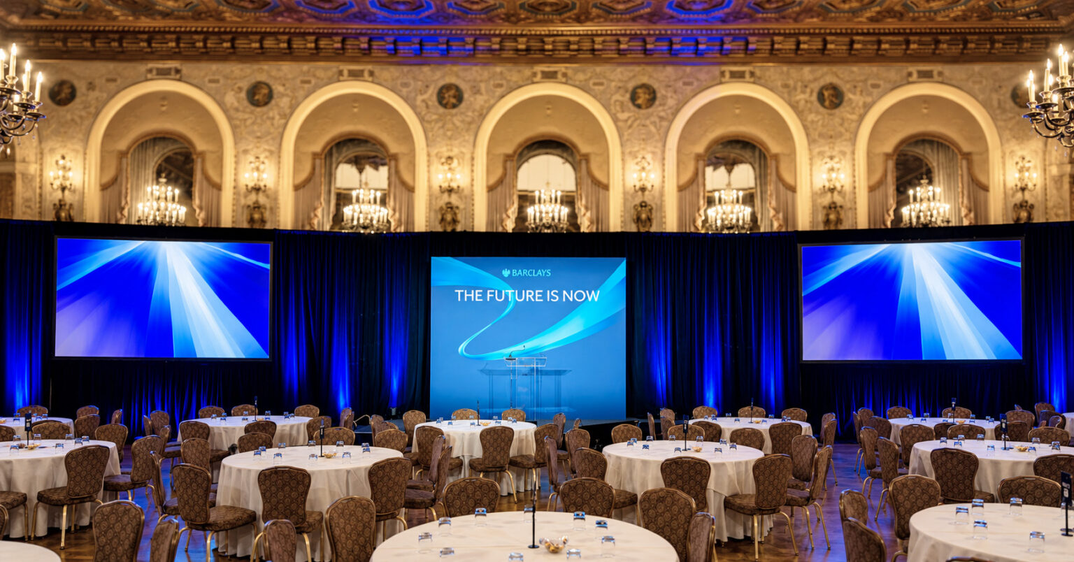 Audio visual event production for the Barclays Marketing Frontiers Conference in the Gold Ballroom at Hotel DuPont.