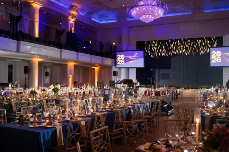 Showorks AV, an AV production company Philadelphia, lights the Curtis Gala ballroom with vivid screens and warm uplighting.